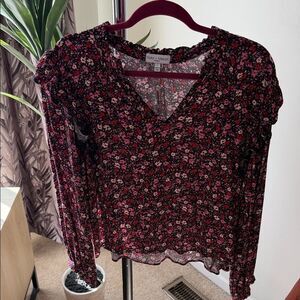 Koko + Mason Black Floral V-Neck Long Sleeve Blouse - Pink Floral